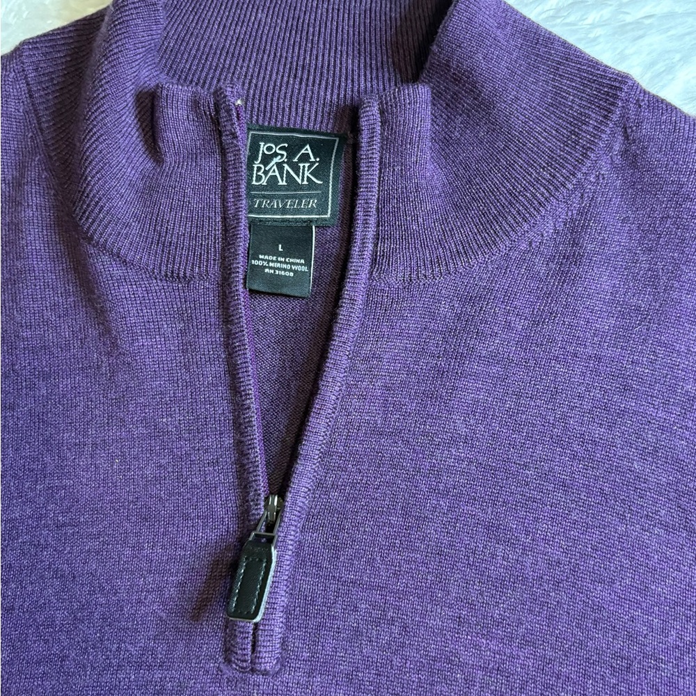 Jos. A. Bank Traveler Sweater Purple 100% Merino Woll 1/4 Zip Mock Neck Size L